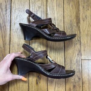 Flexi Brown Leather Wedge Sandals Strappy Slingback Contrast Stitching 7.5